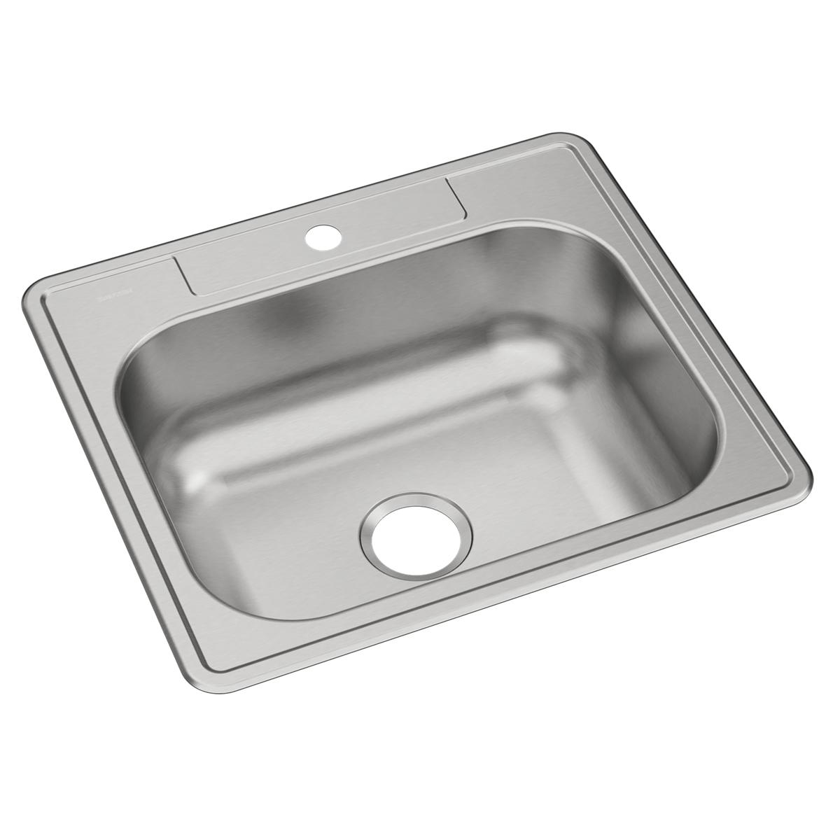 Stainless steel drop-in sink with single bowl and one faucet hole on deck.