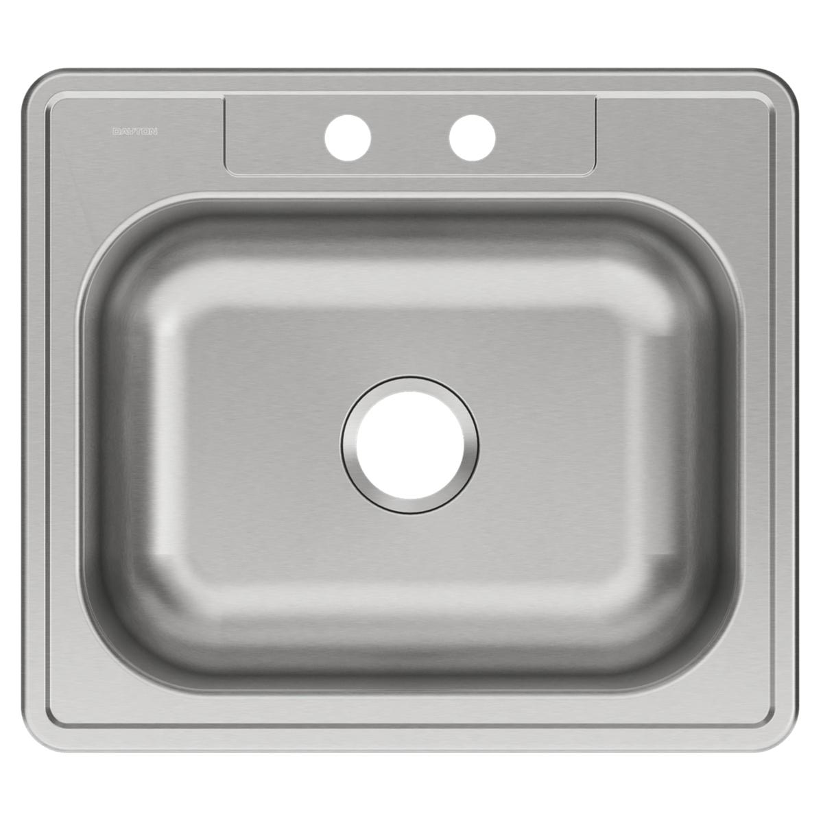 Stainless steel single bowl drop-in sink with two pre-drilled holes on the deck and one drain hole in the bowl.