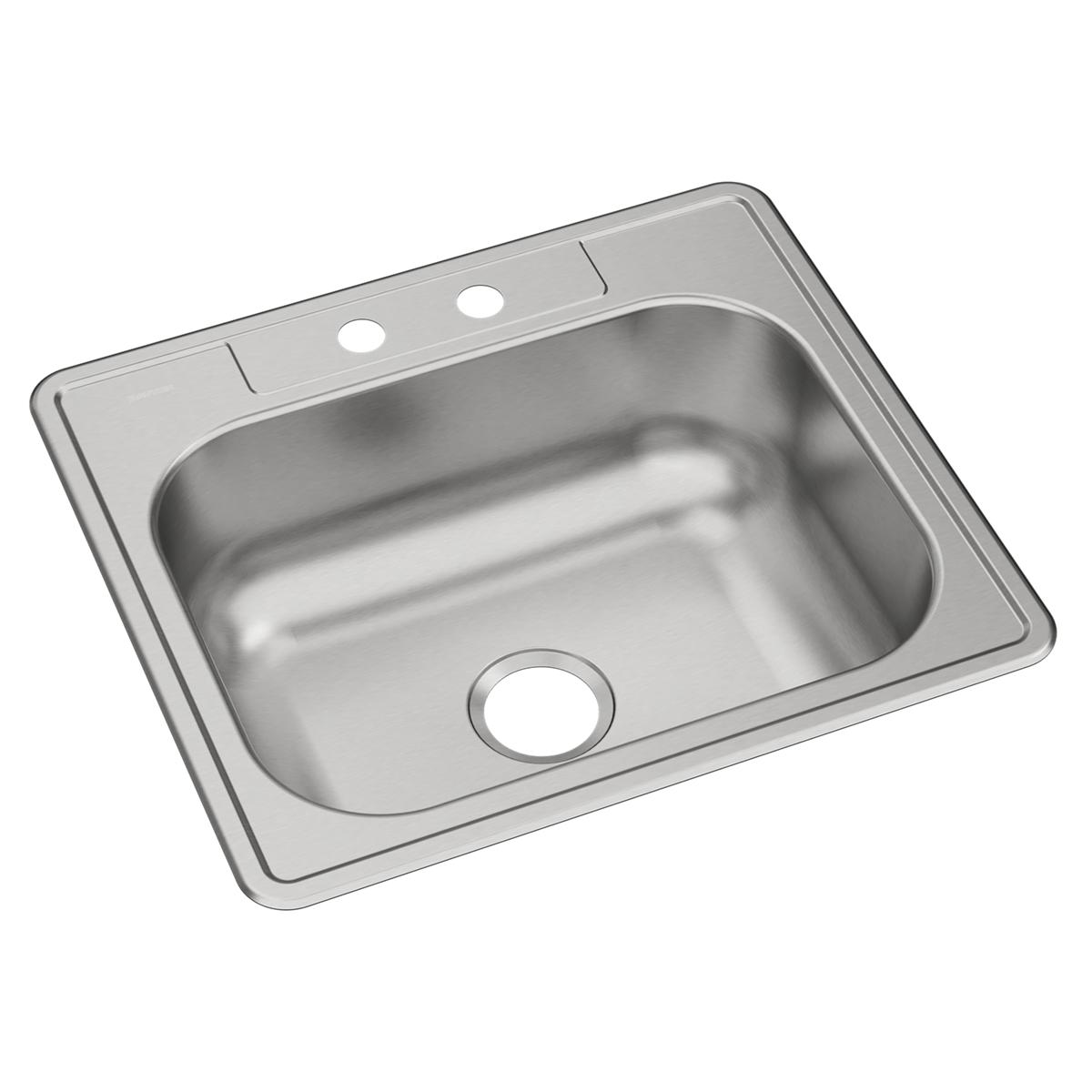 Stainless steel single bowl drop-in sink with two holes and drain opening.