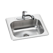 Stainless steel drop-in sink with single bowl and chrome faucet with curved spout and handles.