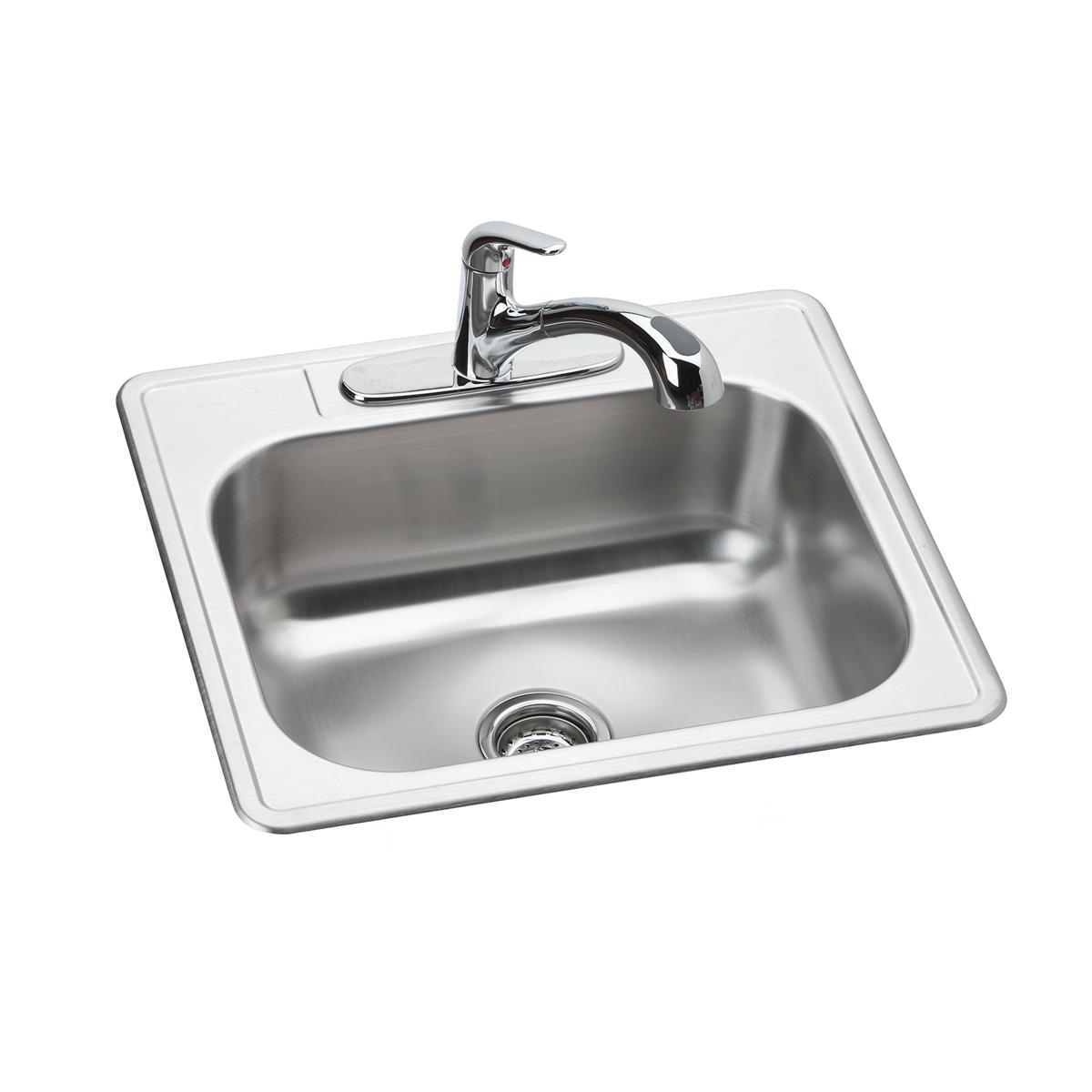 Stainless steel drop-in sink with single bowl and chrome faucet with curved spout and handles.