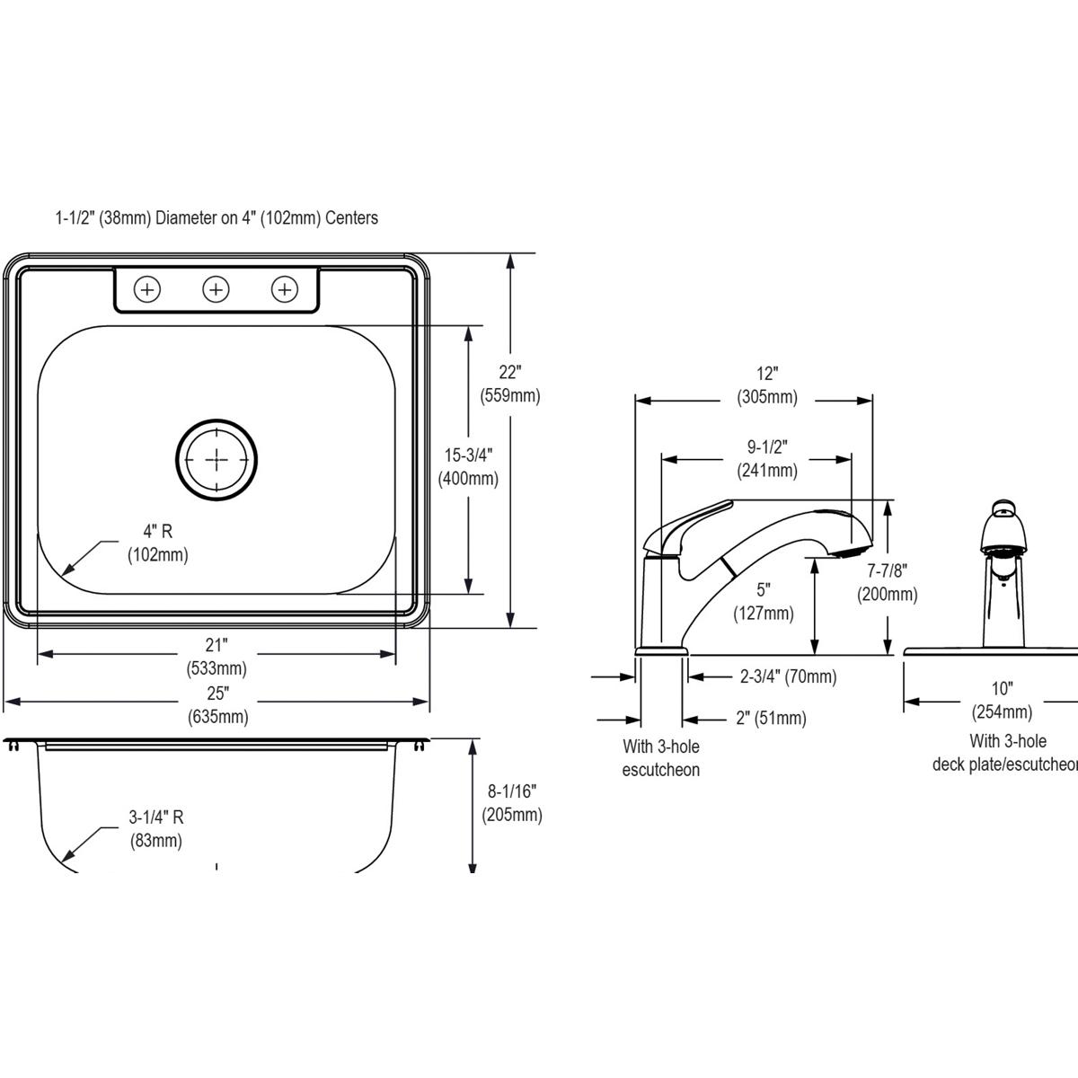 Stainless steel drop-in sink with single bowl and three-hole faucet kit shown in top, front, and side technical drawings with