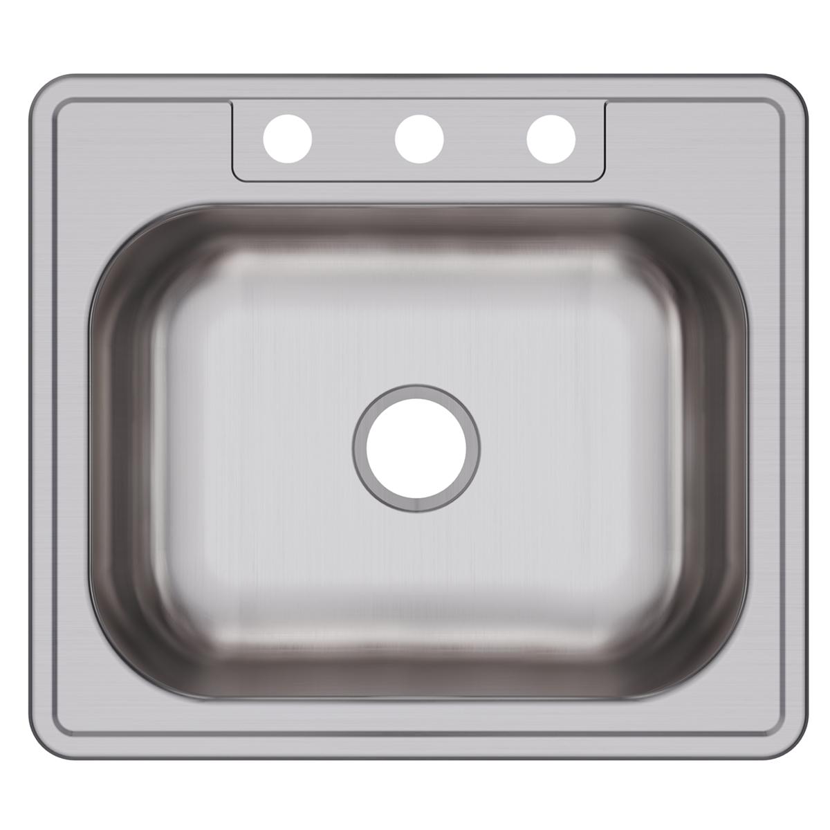 Stainless steel drop-in sink with single rounded bowl and three faucet holes along the rim.