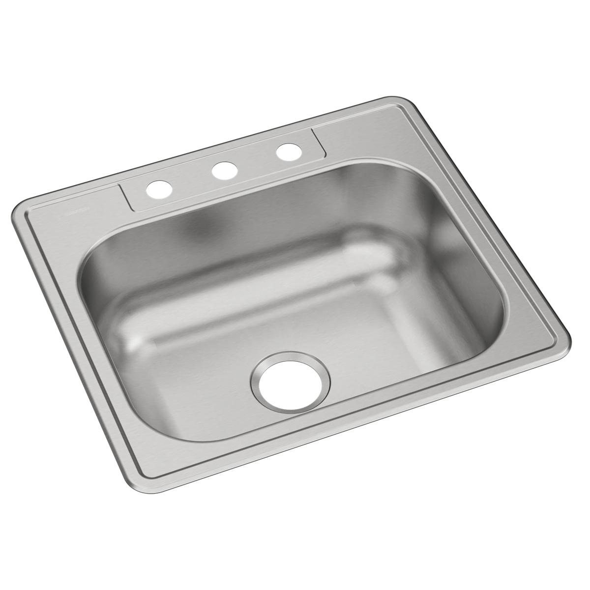 Stainless steel single bowl drop-in sink with three holes on the rim and one drain hole.