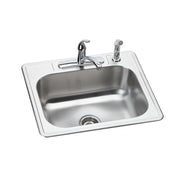 Stainless steel drop-in sink with single bowl, chrome faucet with spray head, and four mounting holes on white rim.
