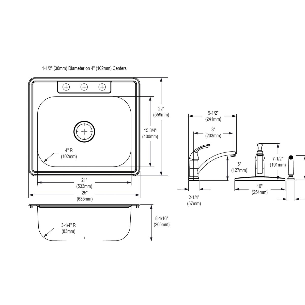 Stainless steel single bowl drop-in sink with four mounting holes and curved faucet shown in top and side view with detailed 