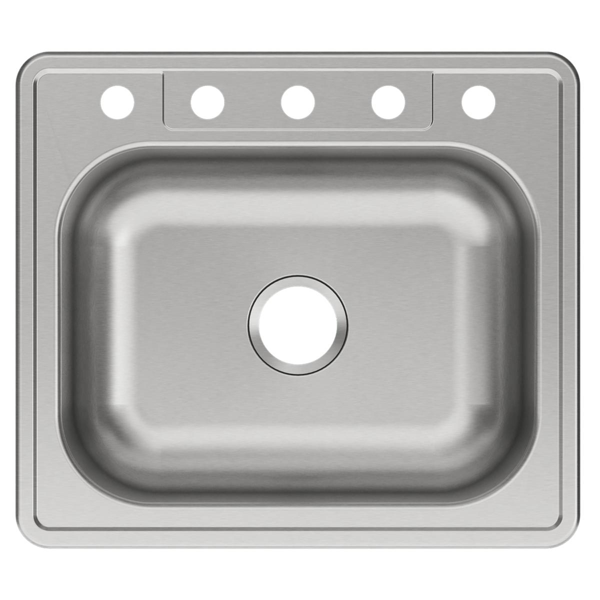 Stainless steel drop-in sink with single bowl and five mounting holes across the rim.