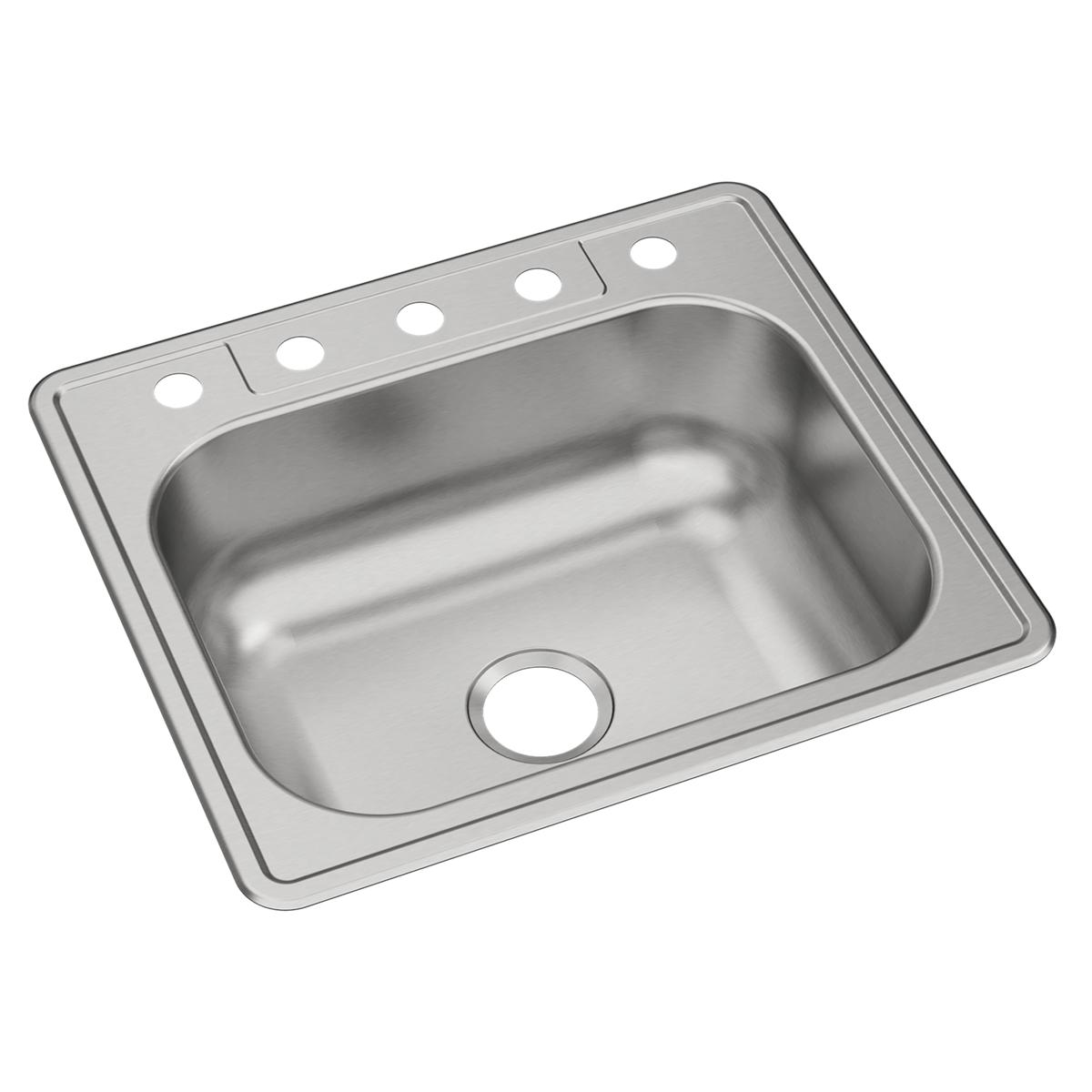 Stainless steel single bowl drop-in sink with five pre-drilled holes on the rim for faucet mounting.