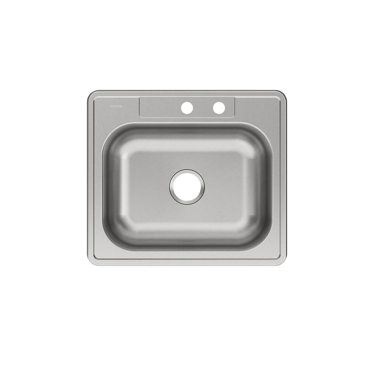 Stainless steel drop-in sink with single bowl and two pre-drilled holes on the deck.