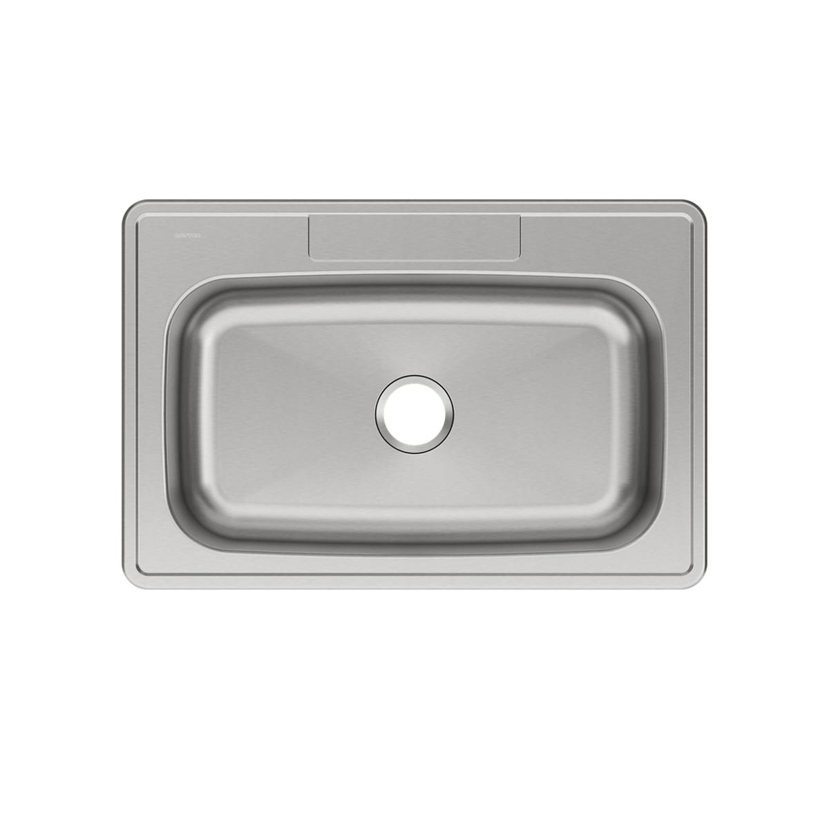 Stainless steel drop-in sink with single rectangular bowl and drain hole, top view.