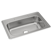 Stainless steel single bowl drop-in sink with rounded corners and drain hole on right side.