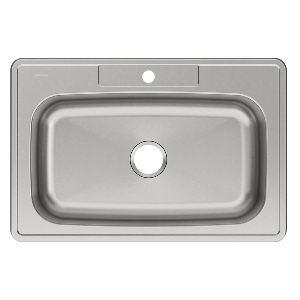 Stainless steel drop-in sink with single rectangular bowl and one faucet hole.