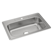 Stainless steel drop-in sink with single rectangular bowl and one faucet hole on countertop rim.