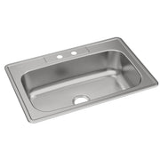 Stainless steel drop-in sink with single bowl, drain opening, and two faucet holes on the rim.