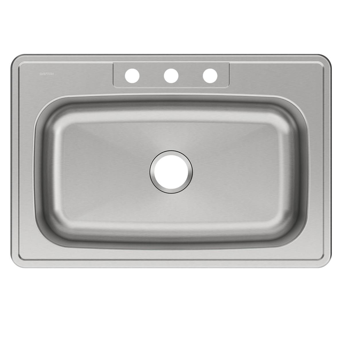 Stainless steel single bowl drop-in sink with three faucet holes and drain opening.