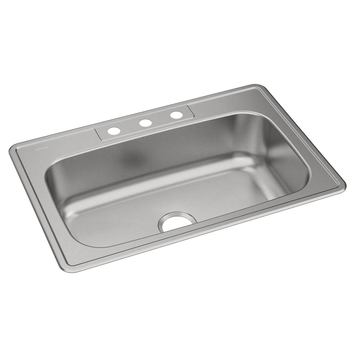 Stainless steel drop-in sink with single bowl, drain hole, and three faucet holes along the rim.