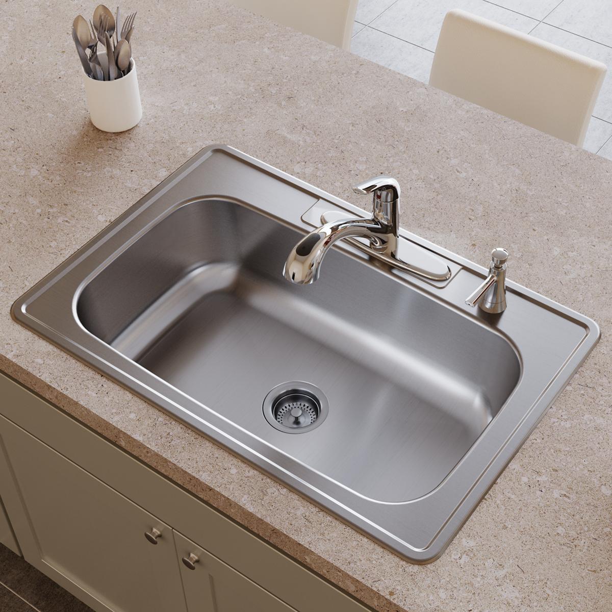 Chrome single-hole deck mount kitchen faucet with pull-out spray lever handle over stainless steel sink.
