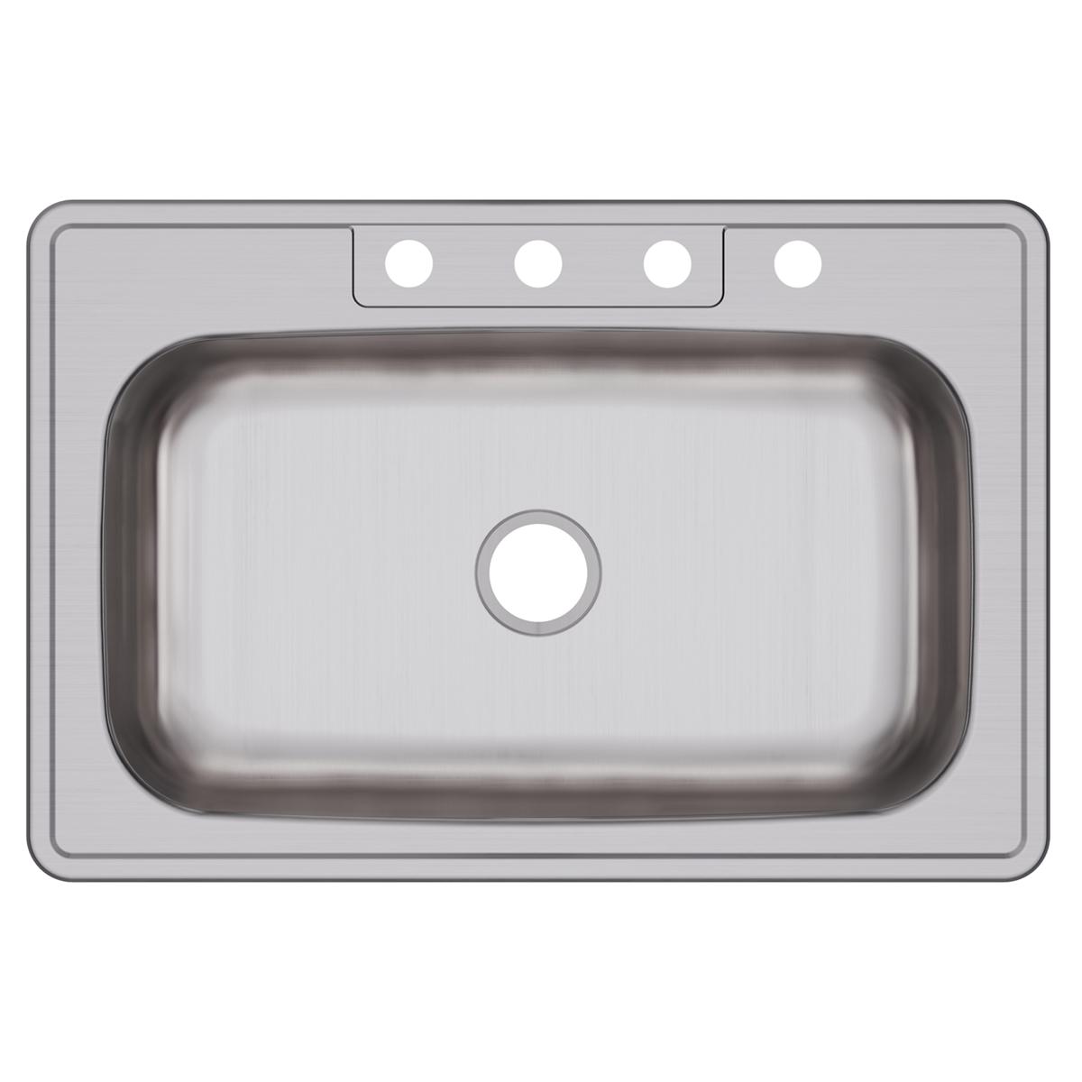 Stainless steel drop-in sink with single bowl and four mounting holes along the rim.