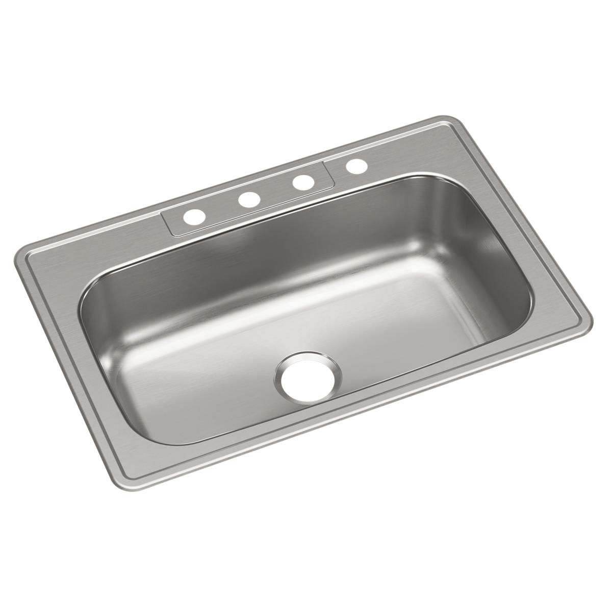 Stainless steel drop-in kitchen sink with single bowl and four faucet holes along the rim.