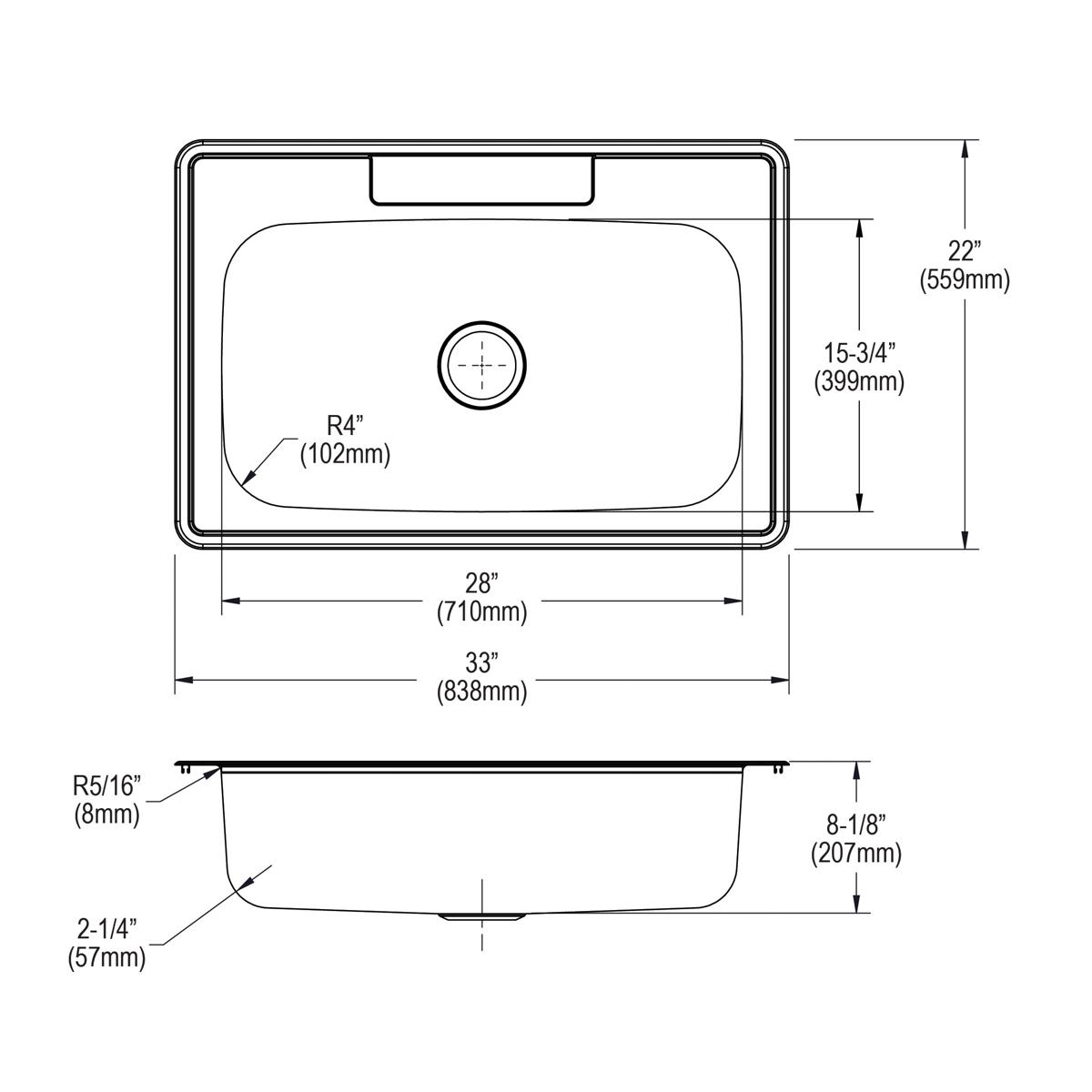 Stainless steel single bowl drop-in sink with rounded corners, center drain hole, and three-hole faucet mounting configuratio