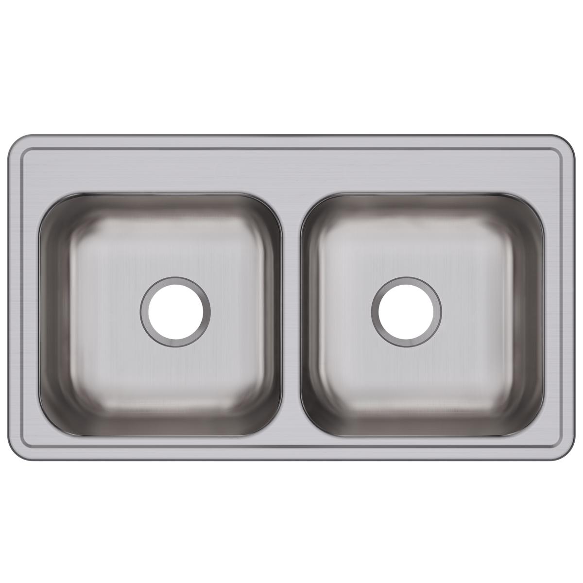Stainless steel double bowl drop-in sink with two equal rectangular basins and drain holes, top view.