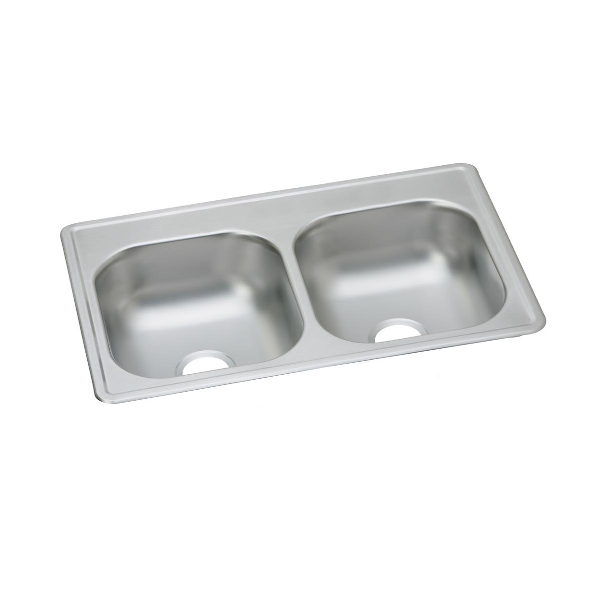 Stainless steel drop-in sink with two equal rectangular bowls and drain holes.