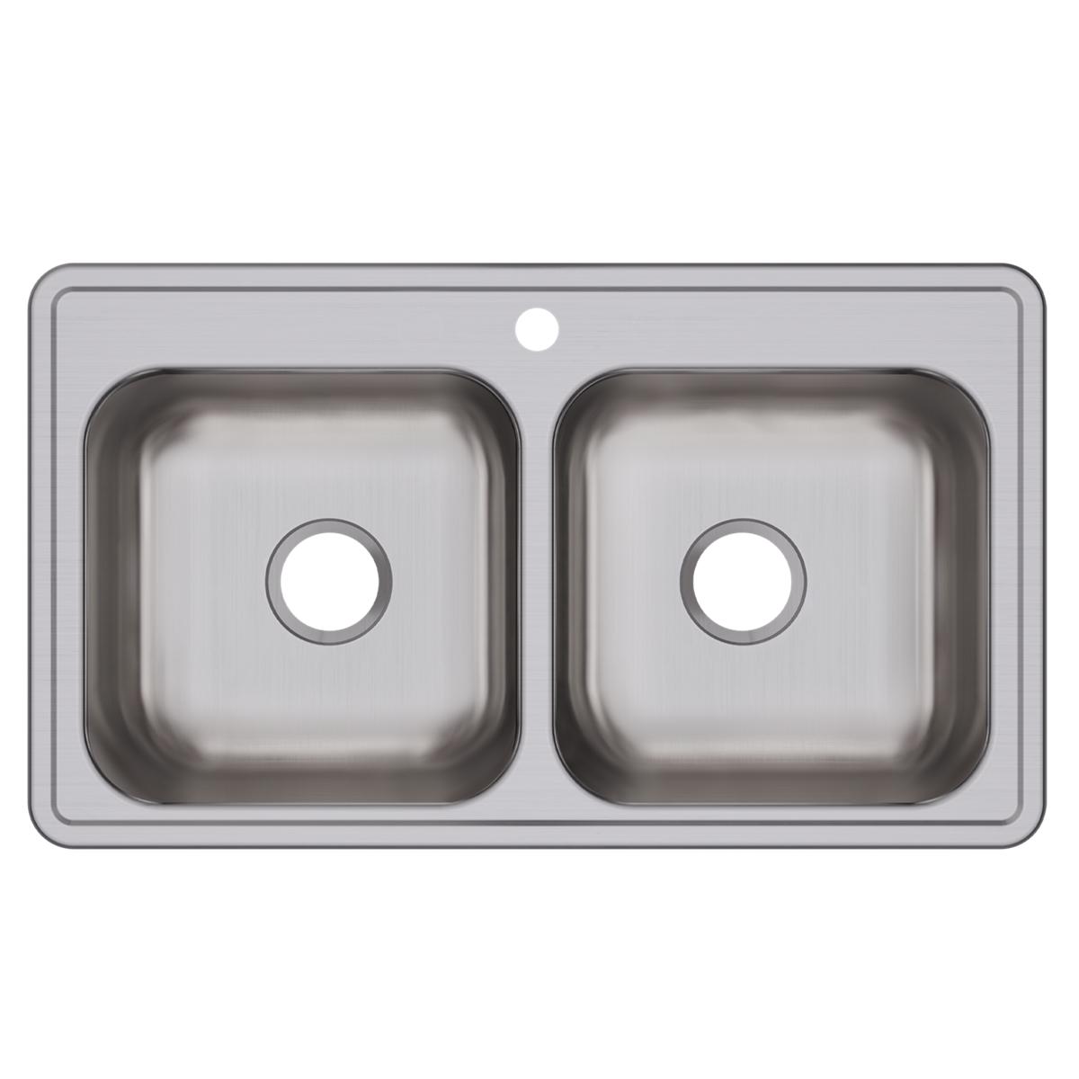Stainless steel double bowl drop-in sink with two equal-sized bowls and one faucet hole.