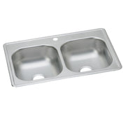 Stainless steel drop-in sink with two equal-sized bowls and one faucet hole.