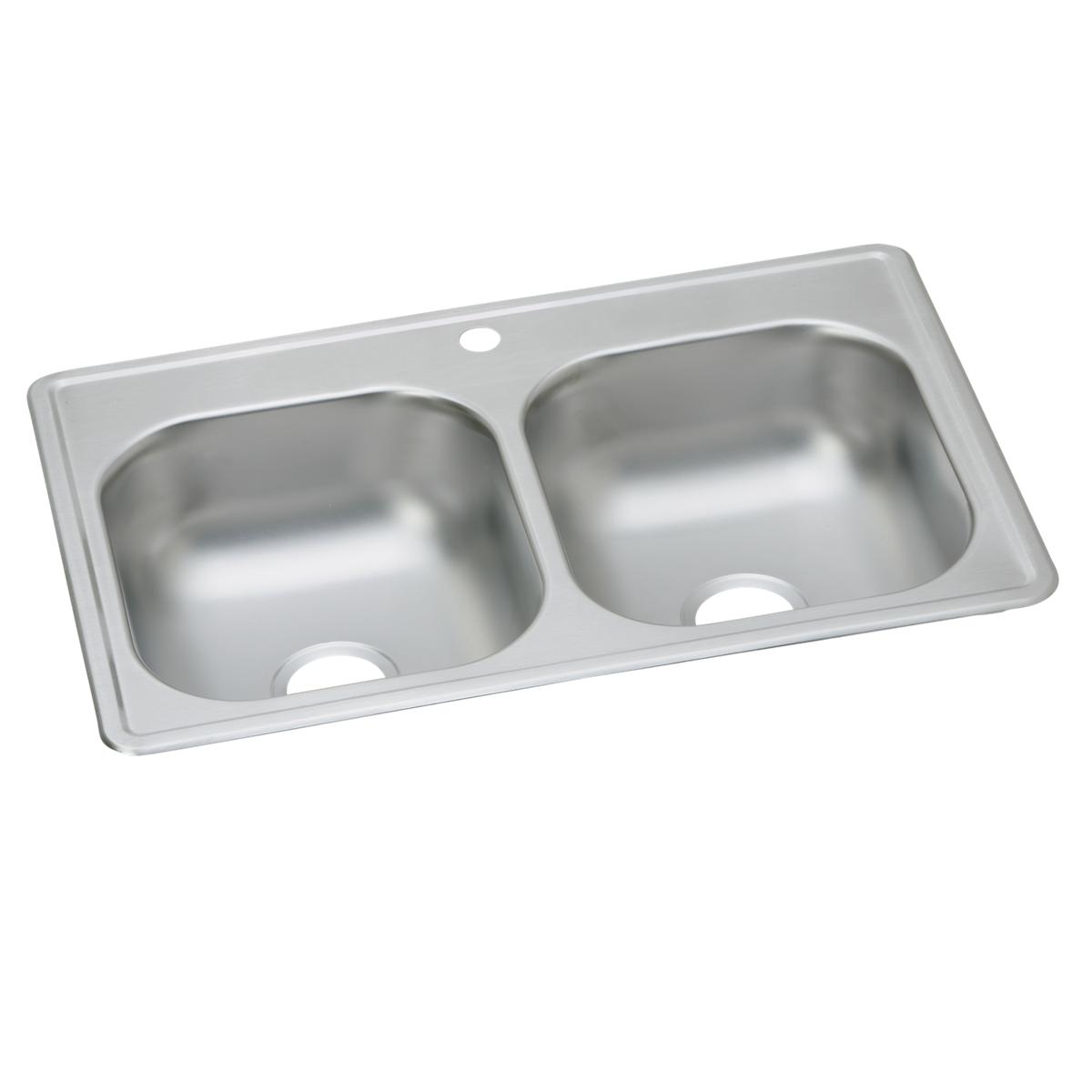 Stainless steel drop-in sink with two equal-sized bowls and one faucet hole.