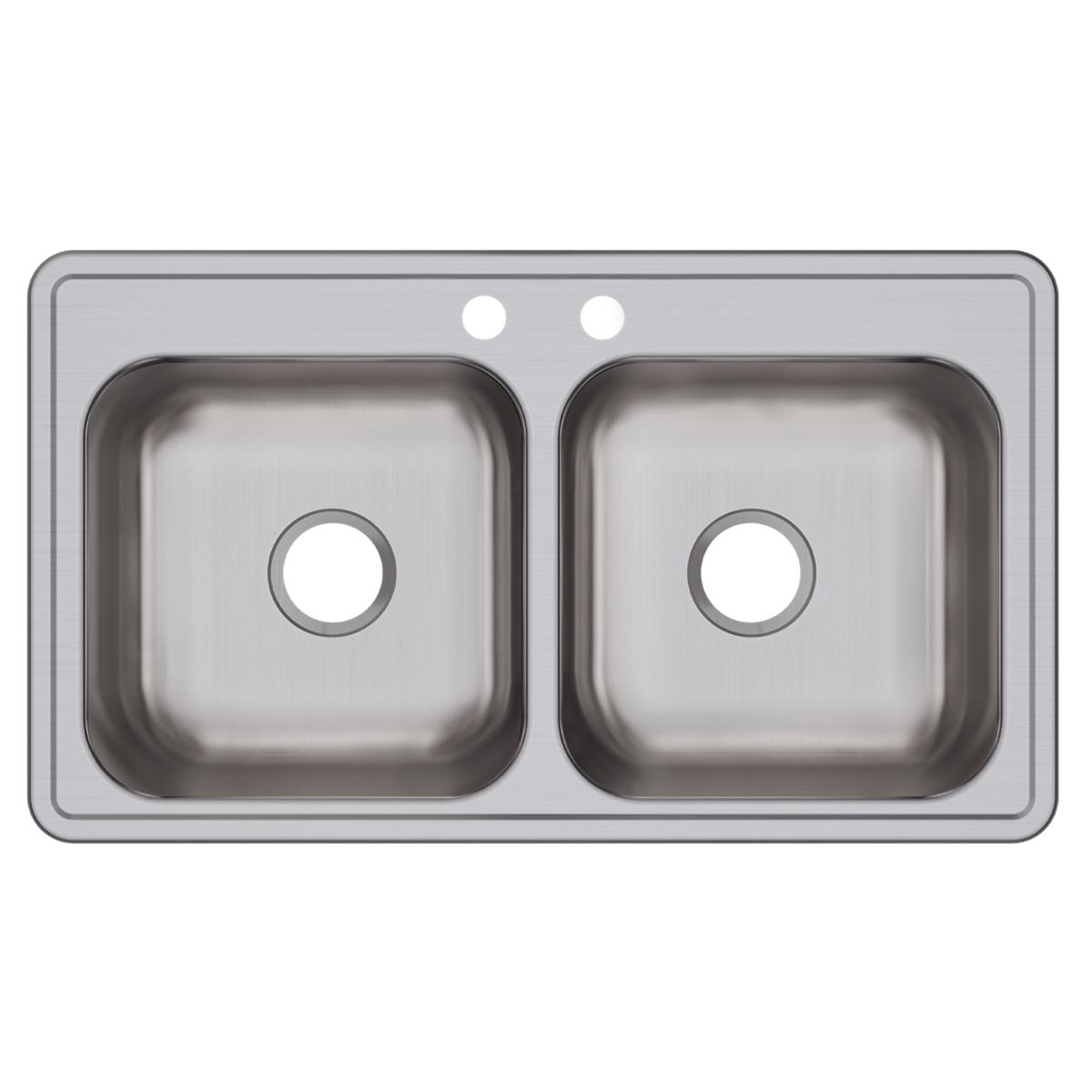 Stainless steel double bowl drop-in sink with two equal-sized basins and two faucet holes.