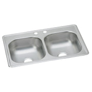 Stainless steel double bowl drop-in sink with two faucet holes and equal-sized bowls.