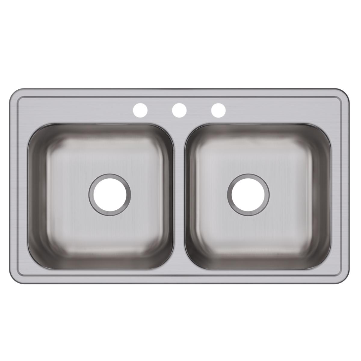 Stainless steel double bowl drop-in sink with three holes drilled across the top rim.