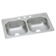 Stainless steel double bowl drop-in sink with two equal basins and three faucet holes along the rim.