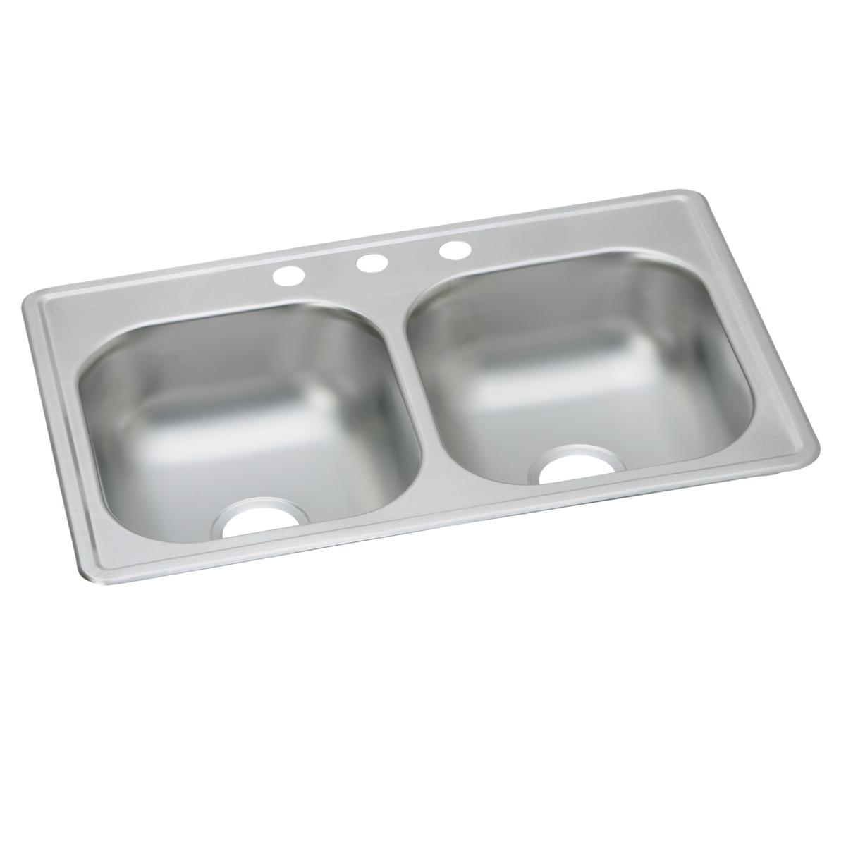 Stainless steel double bowl drop-in sink with two equal basins and three faucet holes along the rim.