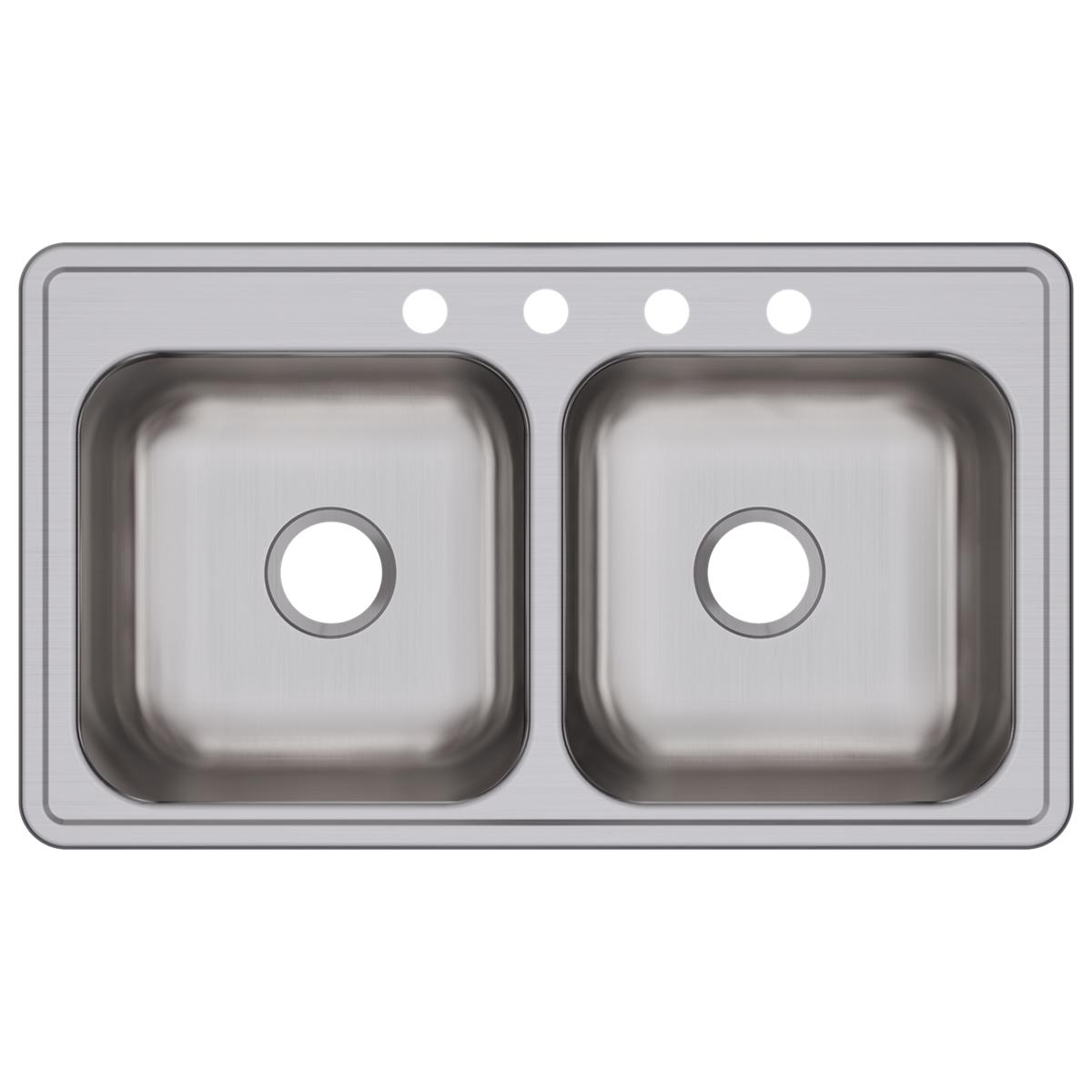 Stainless steel double bowl drop-in sink with four faucet holes and drain openings in each basin.