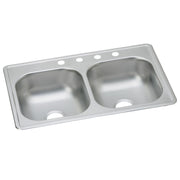 Stainless steel double bowl drop-in sink with five holes across the rim for faucet installation.