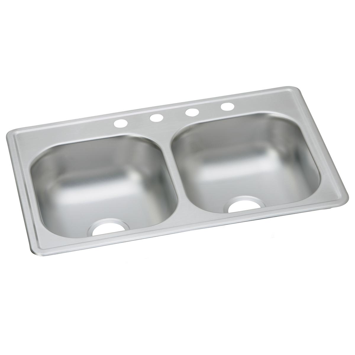 Stainless steel double bowl drop-in sink with five holes across the rim for faucet installation.
