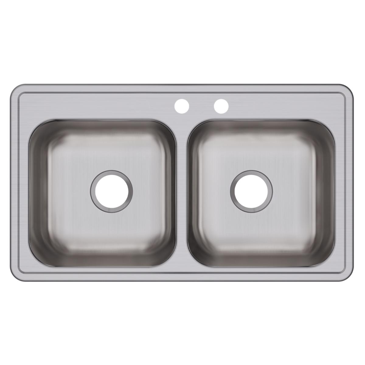 Stainless steel drop-in sink with two equal rectangular bowls and two faucet holes in the rim.