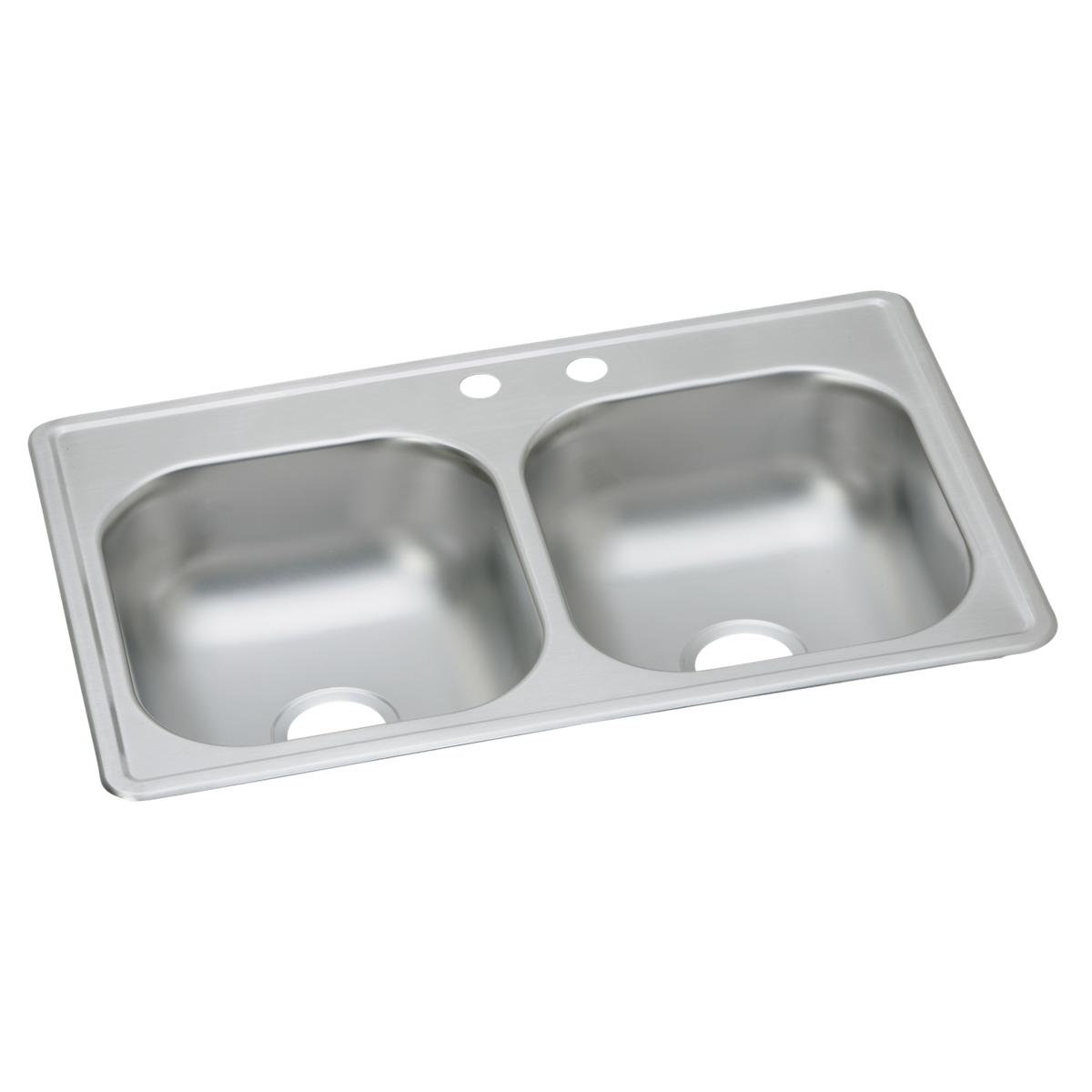 Stainless steel double bowl drop-in sink with two equal-sized basins and pre-drilled faucet holes.