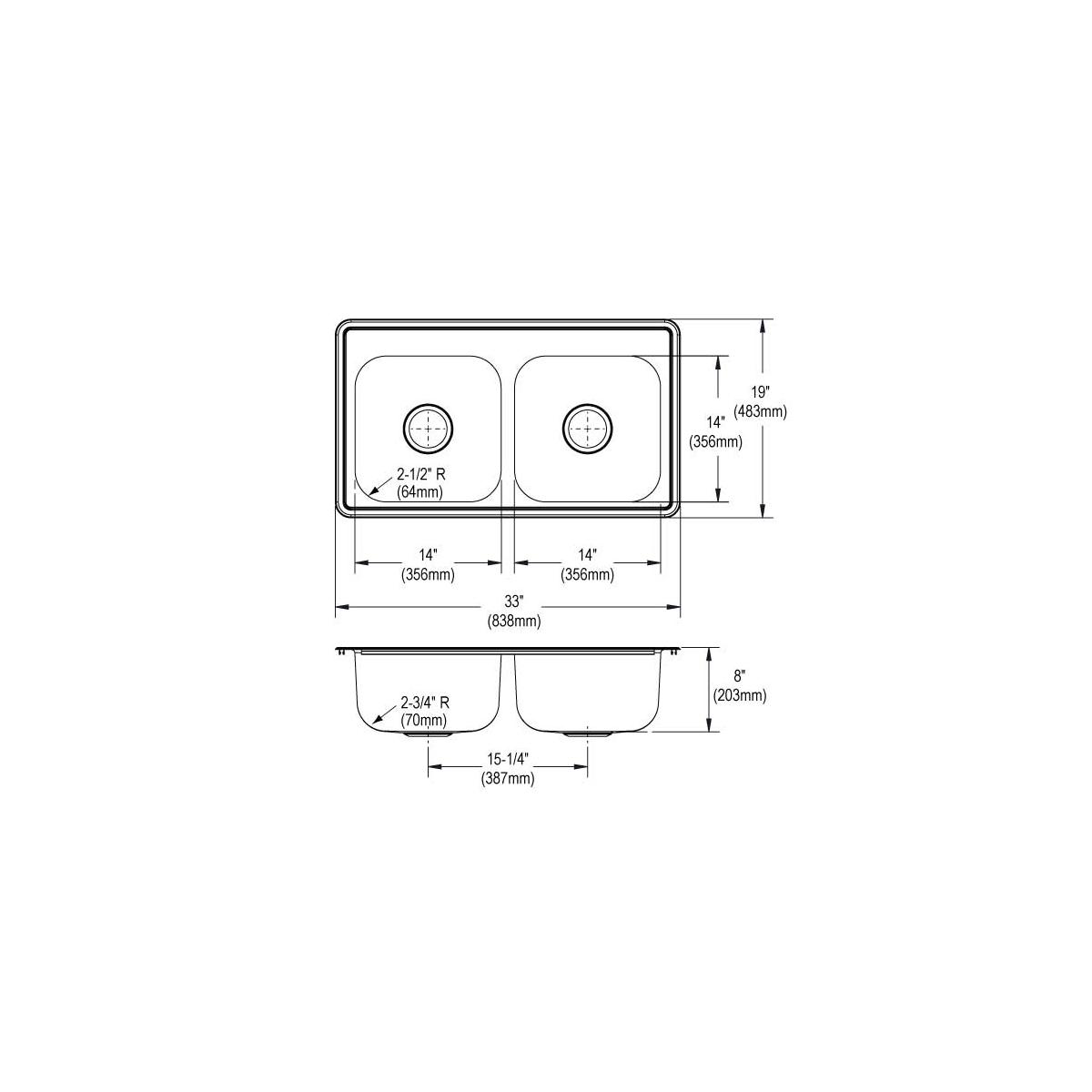 Stainless steel double bowl drop-in sink with three holes and equal-sized bowls, shown in top and side technical views.