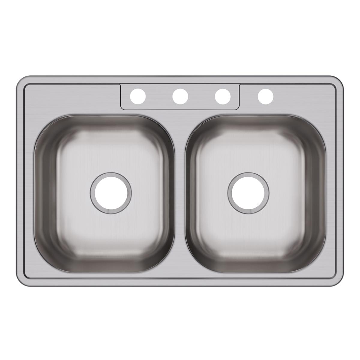 Stainless steel double bowl drop-in sink with four holes for faucet installation and drain openings.