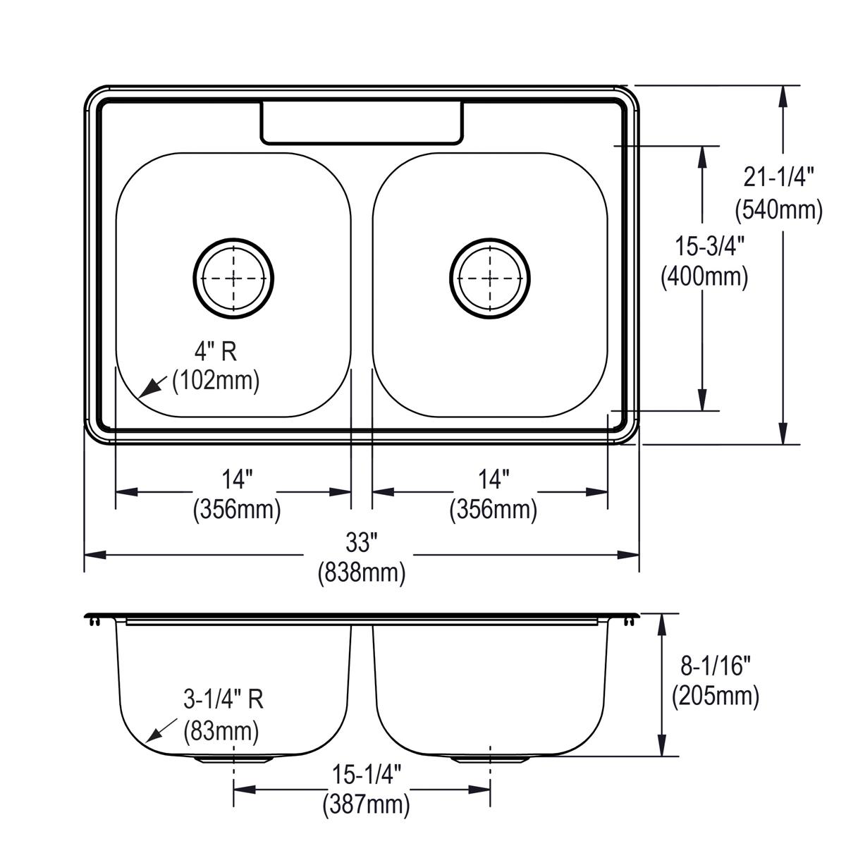 Stainless steel double bowl drop-in sink with two equal rectangular bowls and center drain holes, top and side view technical