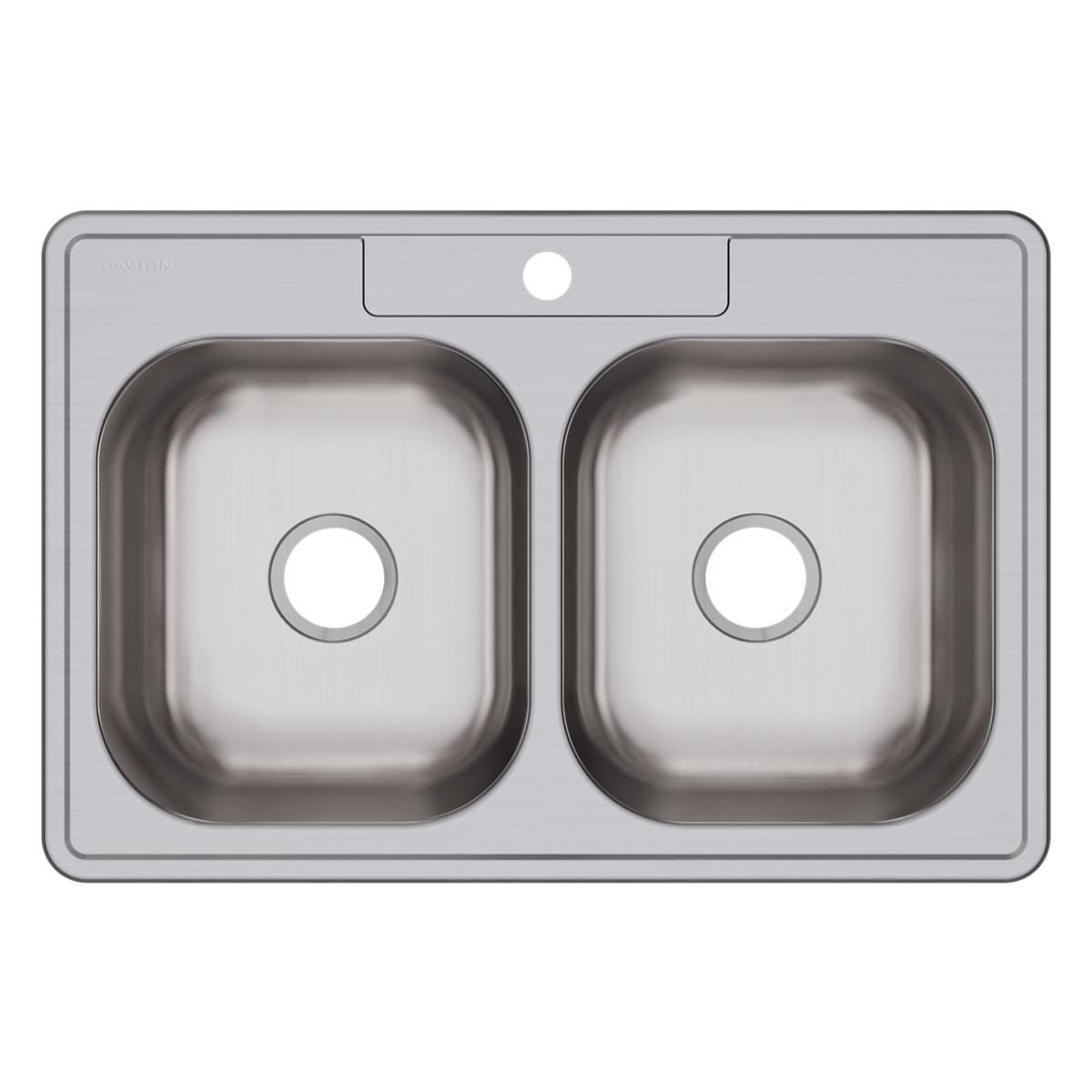 Stainless steel drop-in sink with two equal rectangular bowls and one faucet hole.