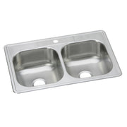 Stainless steel double bowl drop-in sink with two equal-sized rectangular basins and single faucet hole.