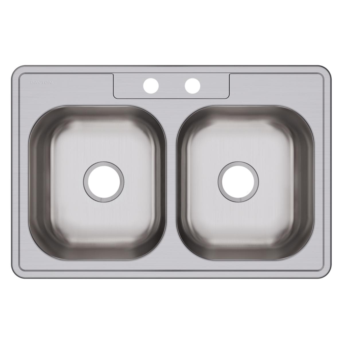 Stainless steel double bowl drop-in sink with two equal rectangular bowls and two pre-drilled holes.