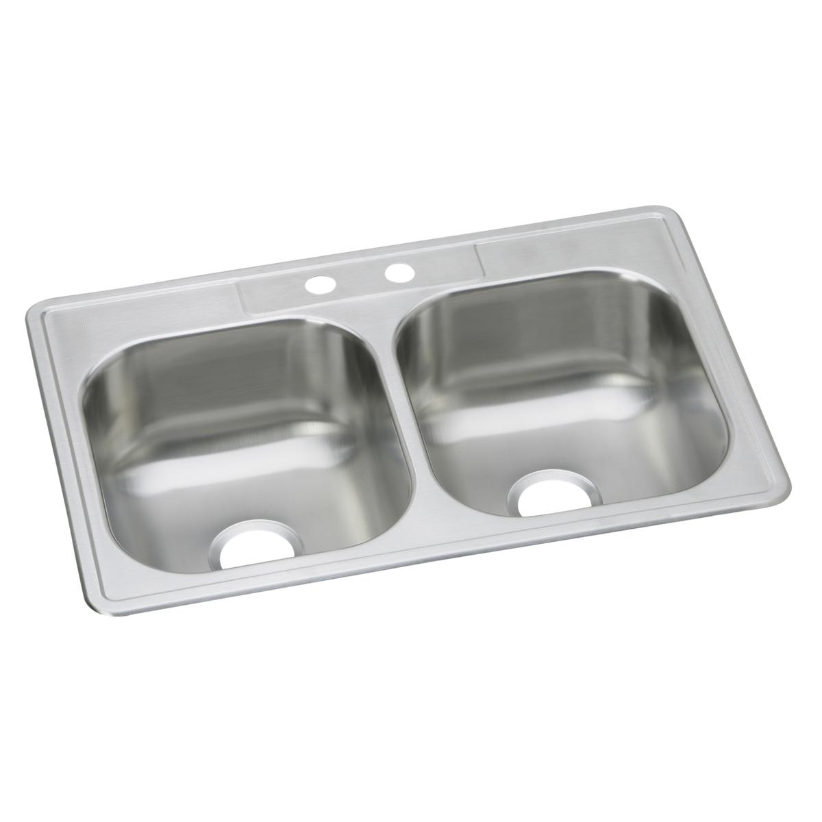 Stainless steel double bowl drop-in sink with two faucet holes and equal-sized basins.
