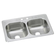 Stainless steel double bowl drop-in sink with two faucet holes and equal-sized basins.