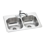 Stainless steel double bowl drop-in sink with chrome faucet and white rim.