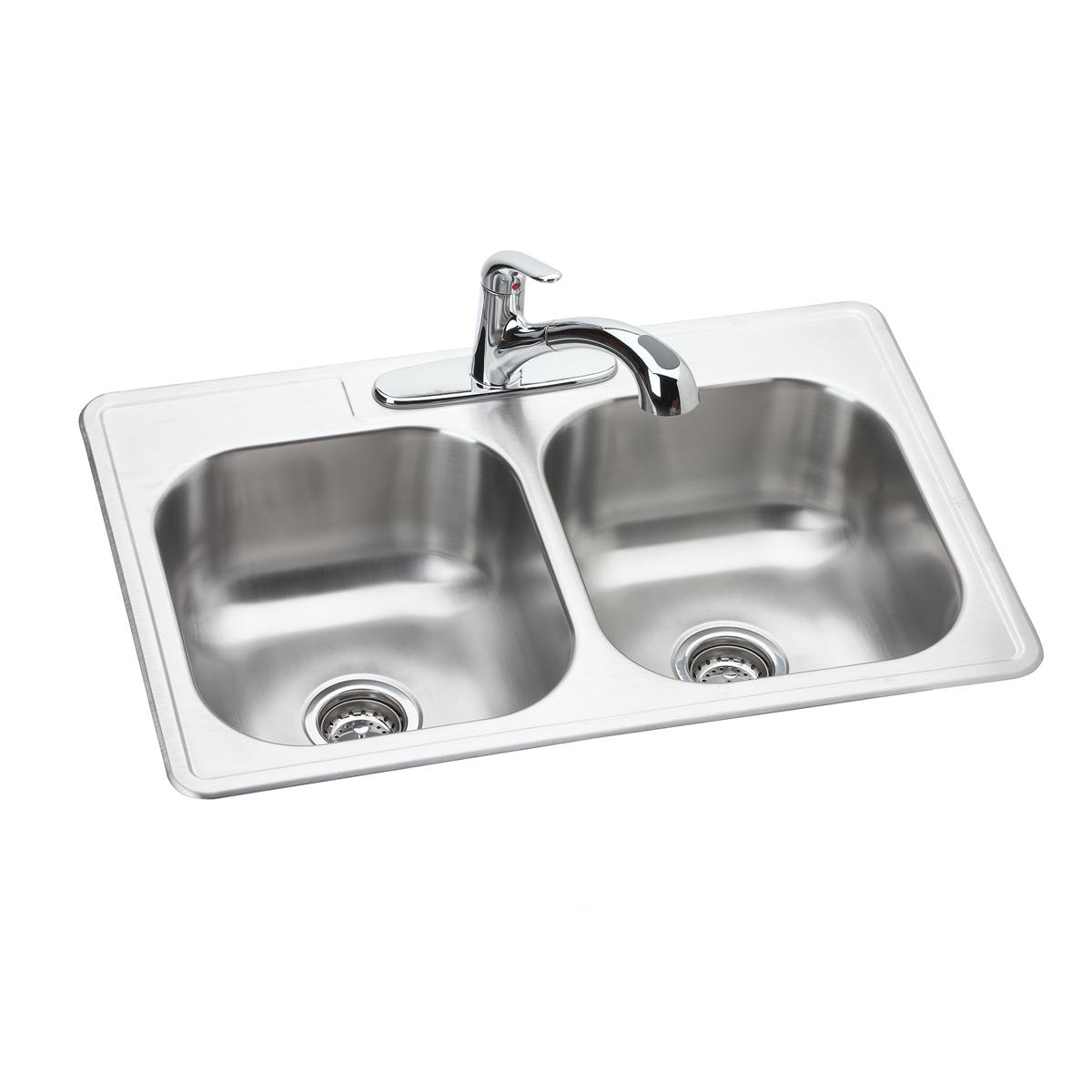 Stainless steel double bowl drop-in sink with chrome faucet and white rim.