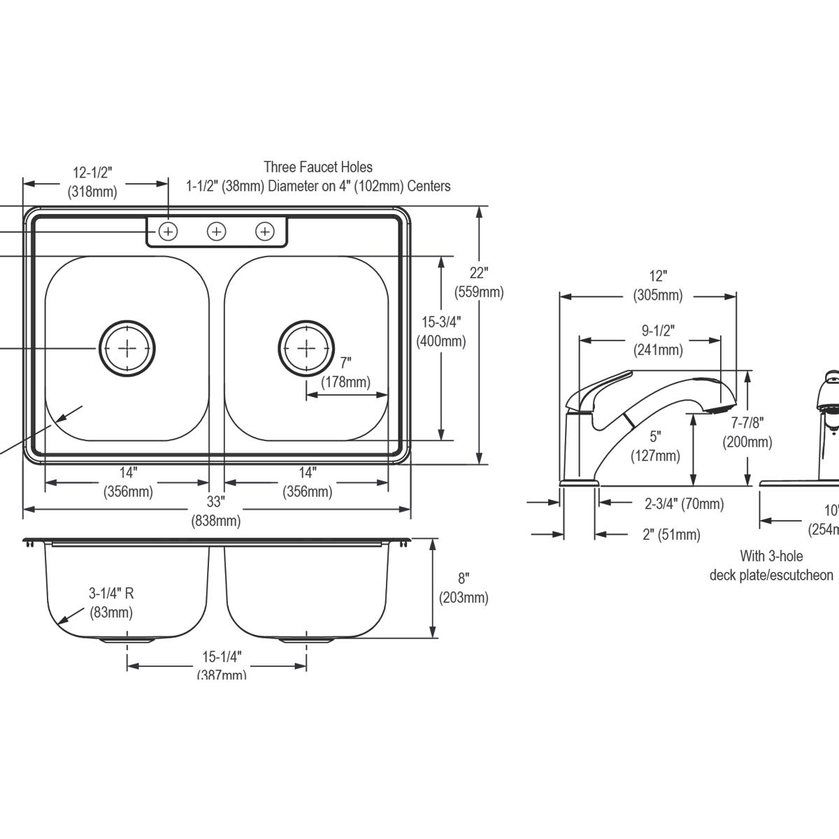 Stainless steel double bowl drop-in sink with three faucet holes and curved chrome faucet, top and side view technical drawin